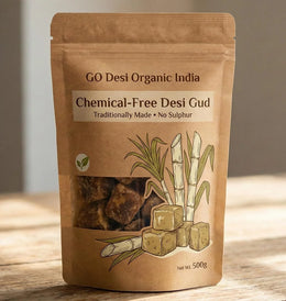 Brown pouch of chemical-free desi gud jaggery with sugarcane illustration, 500g pack