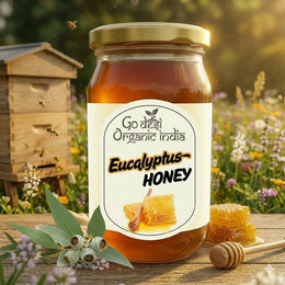 Jar of eucalyptus honey with honeycomb, bee hive, and eucalyptus leaves outdoors